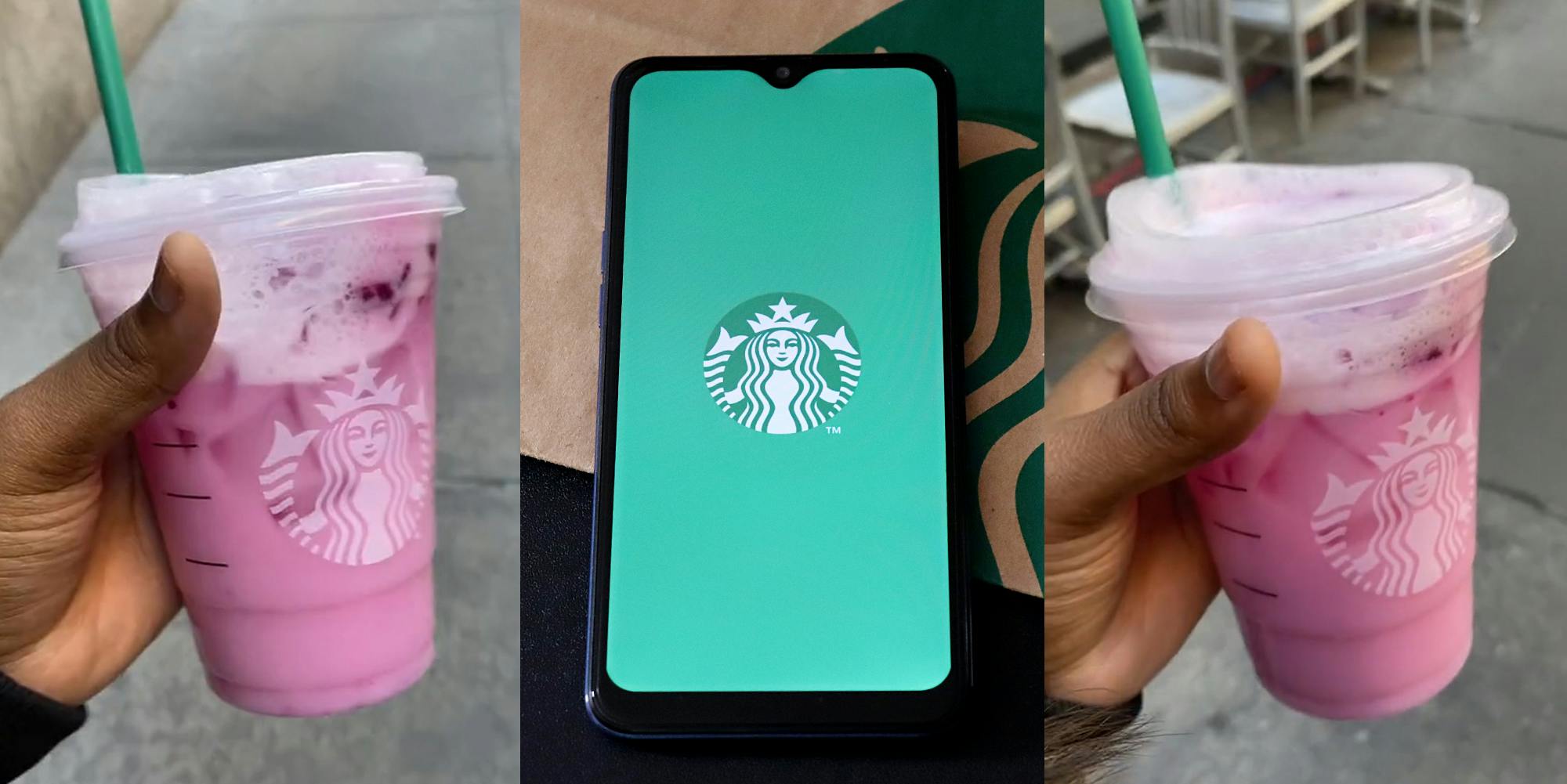 person holding Starbucks drink outside (l) Starbucks on phone on napkin in front of black background (c) person holding Starbucks drink outside (r)