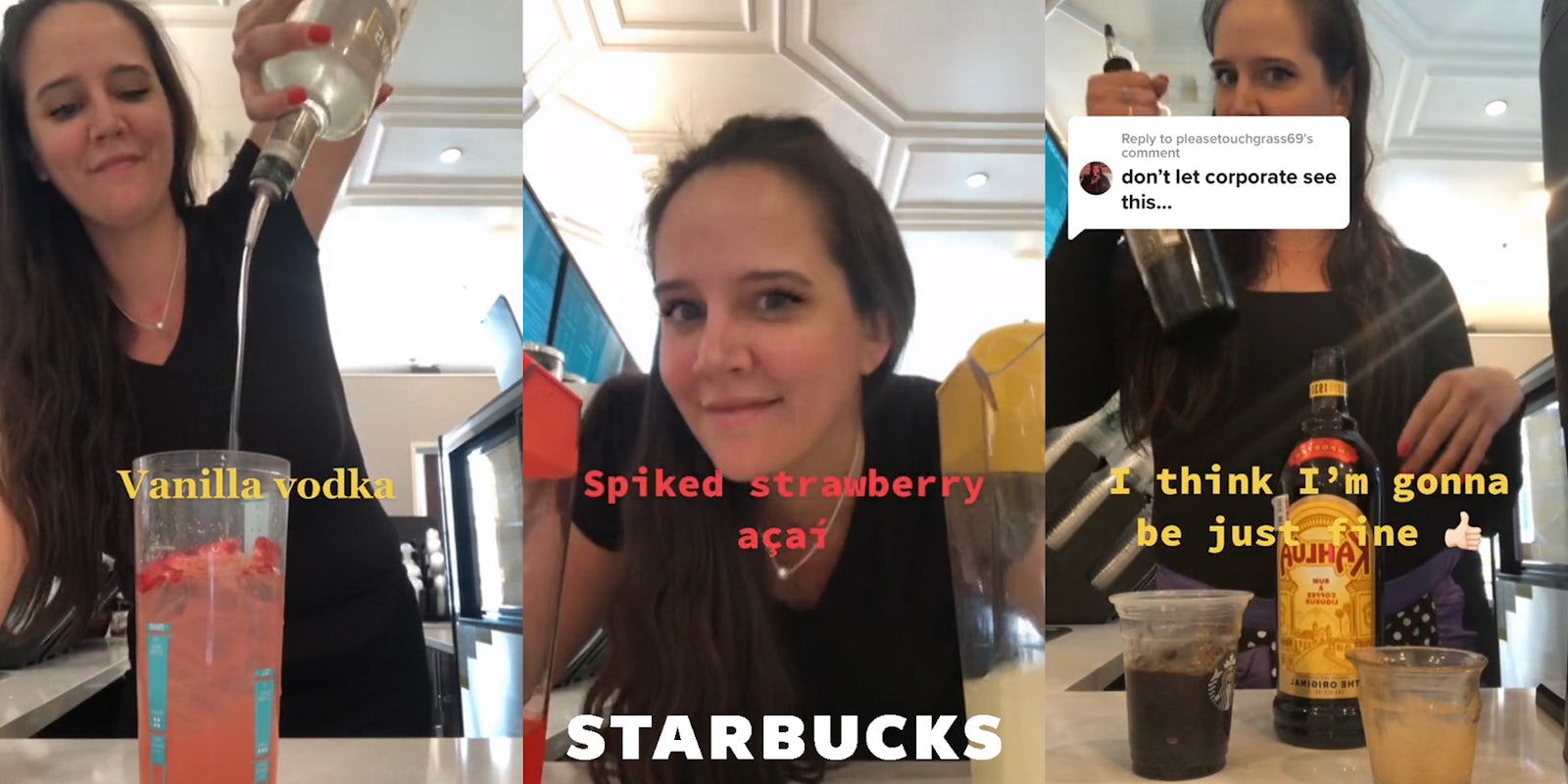 Starbucks employee adding vanilla vodka to strawberry refresher with caption 'Vanilla vodka' (l) Starbucks employee with caption 'Spiked strawberry acai' with Starbucks logo at bottom (c) Starbucks employee making drink with caption 'don't let corporate see this... I think I'm gonna be just fine' (r)