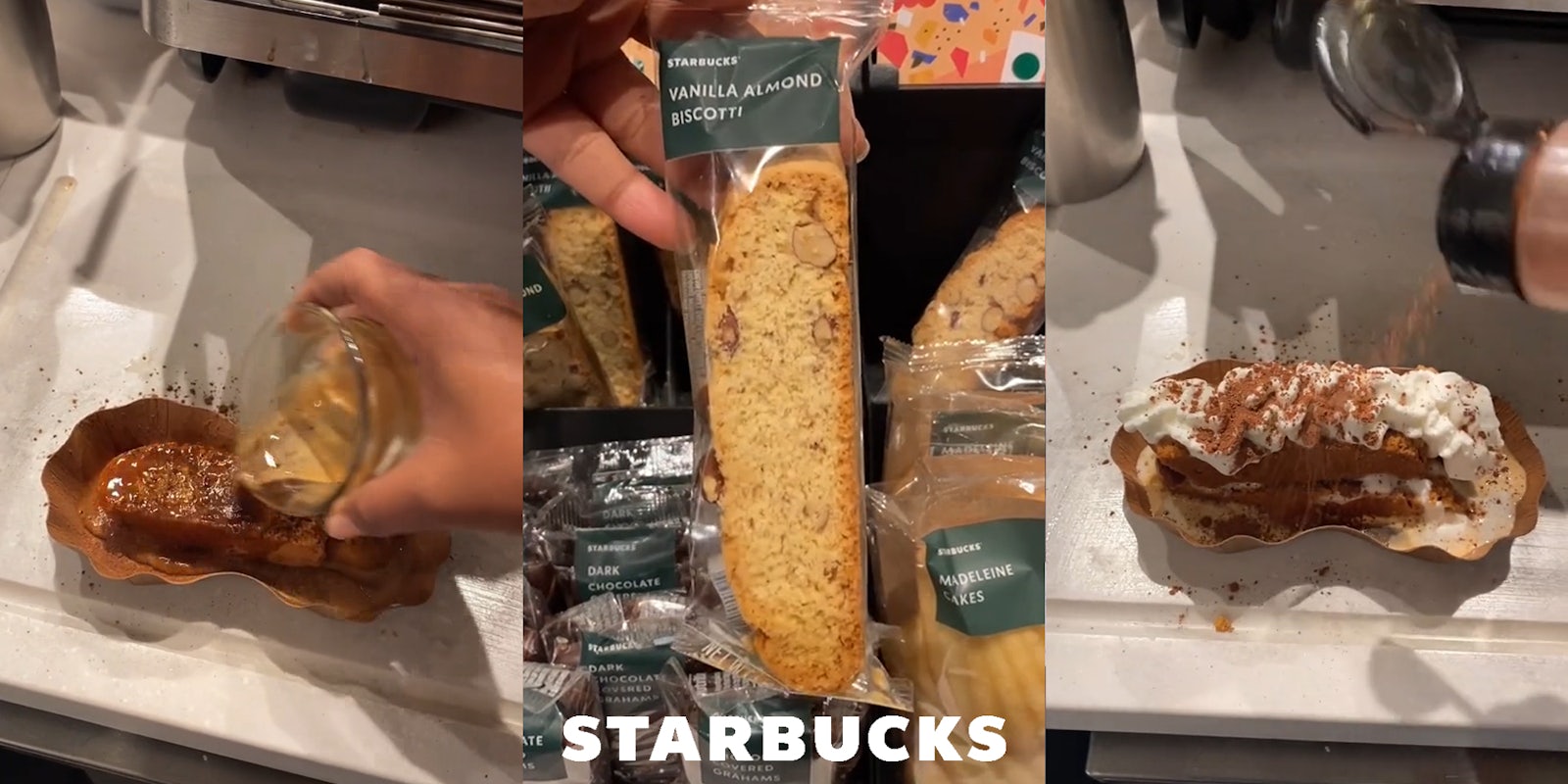 Starbucks employee pouring espresso over biscotti (l) Starbucks employee holding vanilla almond biscotti with Starbucks logo at bottom (c) Starbucks employee adding cinnamon to top of diy tiramisu (r)