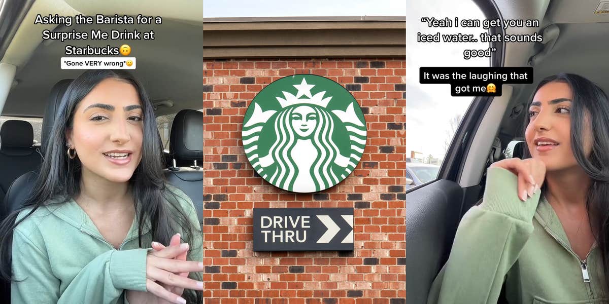 Starbucks customer speaking in car with caption 'Asking the Barista for a Surprise Me Drink at Starbucks *Gone VERY wrong*' (l) Starbucks drive thru sign on brick wall (c) Starbucks customer speaking to drive thru worker with caption ''Yeah i can get you an iced water.. that sounds good' It was the laughing that got me' (r)