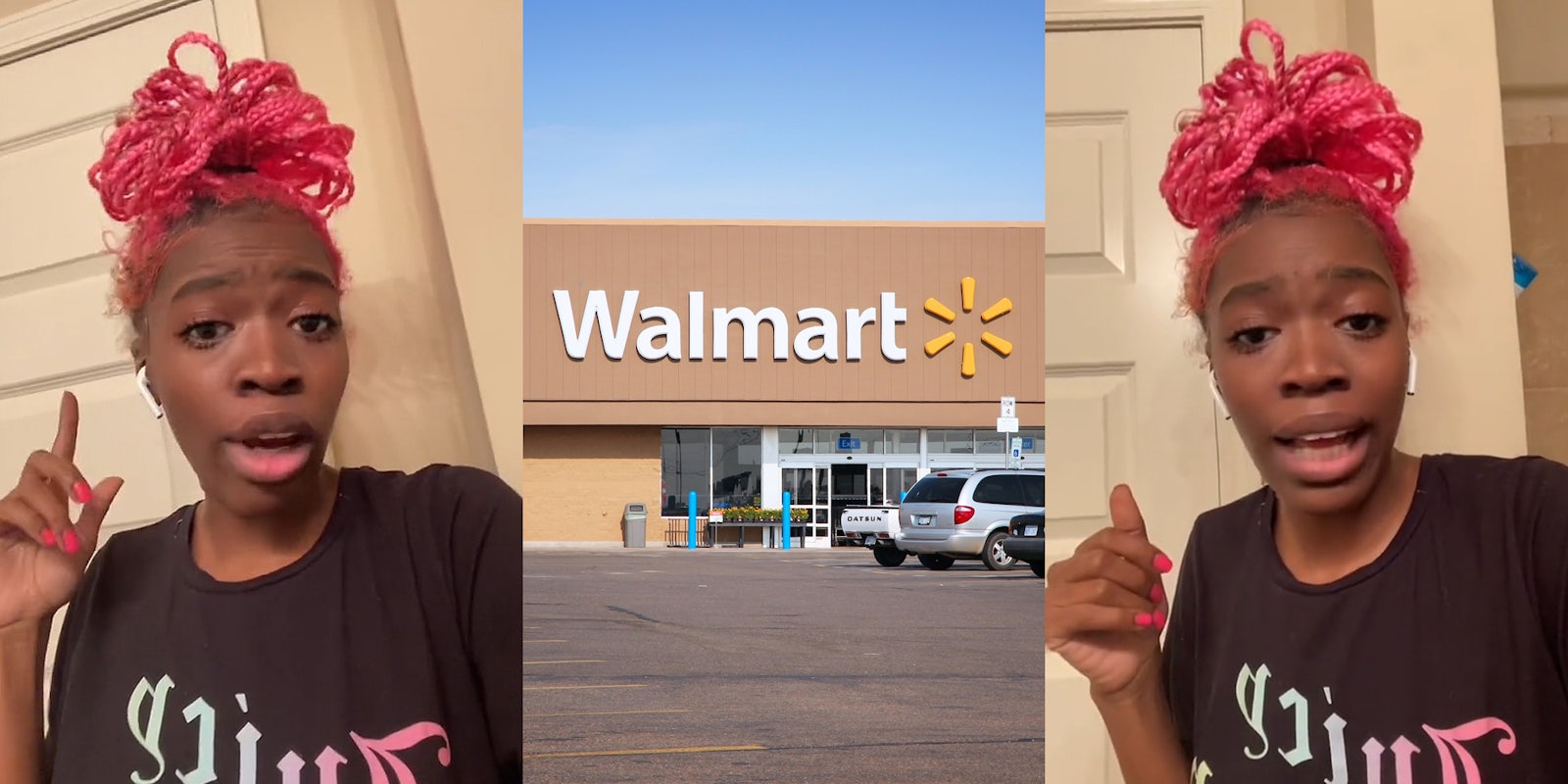former Walmart employee speaking with finger up (l) Walmart building with sign (c) former Walmart employee speaking (r)