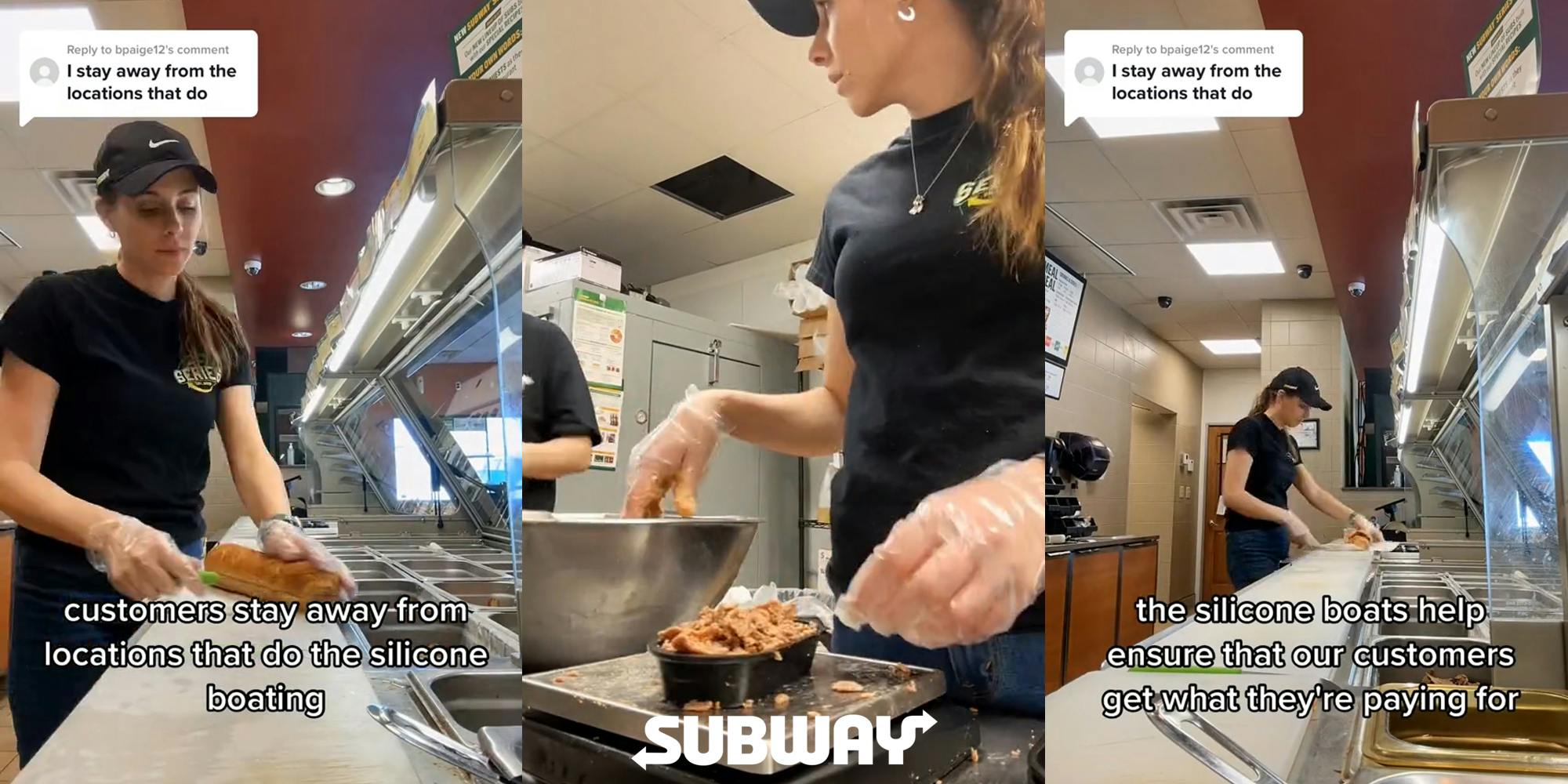 Subway worker with caption "I stay away from the locations that do" "customer stay away from locations that do the silicone boating" (l) Subway worker portioning meat into silicone boat with Subway logo at bottom (c) Subway worker with caption "I stay away from the locations that do" "the silicone boats help ensure that our customers get what they're paying for" (r)