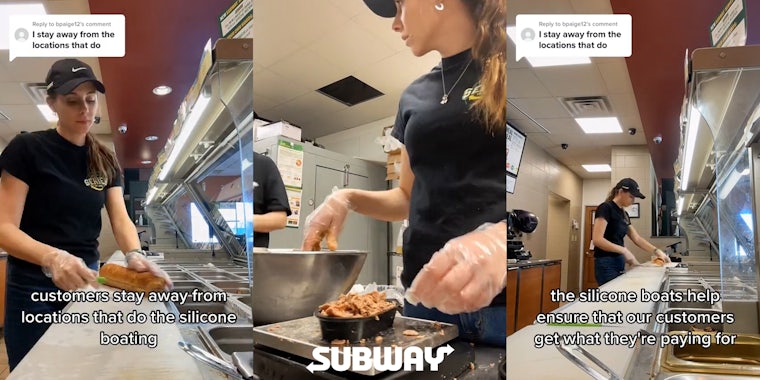 Subway worker with caption 'I stay away from the locations that do' 'customer stay away from locations that do the silicone boating' (l) Subway worker portioning meat into silicone boat with Subway logo at bottom (c) Subway worker with caption 'I stay away from the locations that do' 'the silicone boats help ensure that our customers get what they're paying for' (r)