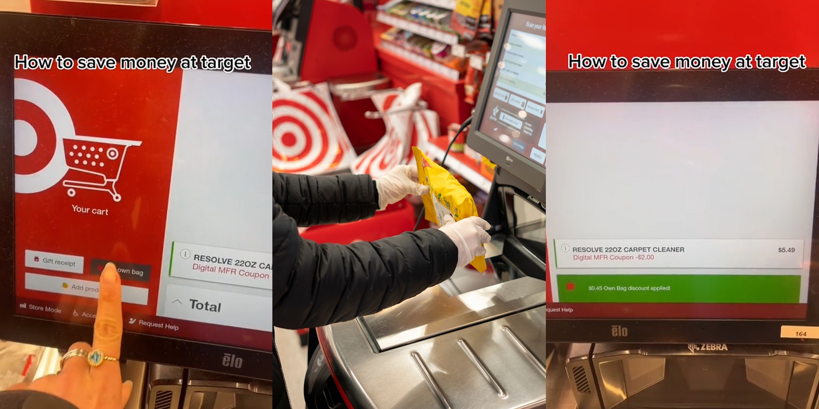 finger pressing 'my own bag' option on Target self-checkout screen with caption 'How to save money at target' (l) person scanning item at Target self-checkout (c) Own Bag discount added on Target self-checkout screen with caption 'How to save money at target' (r)