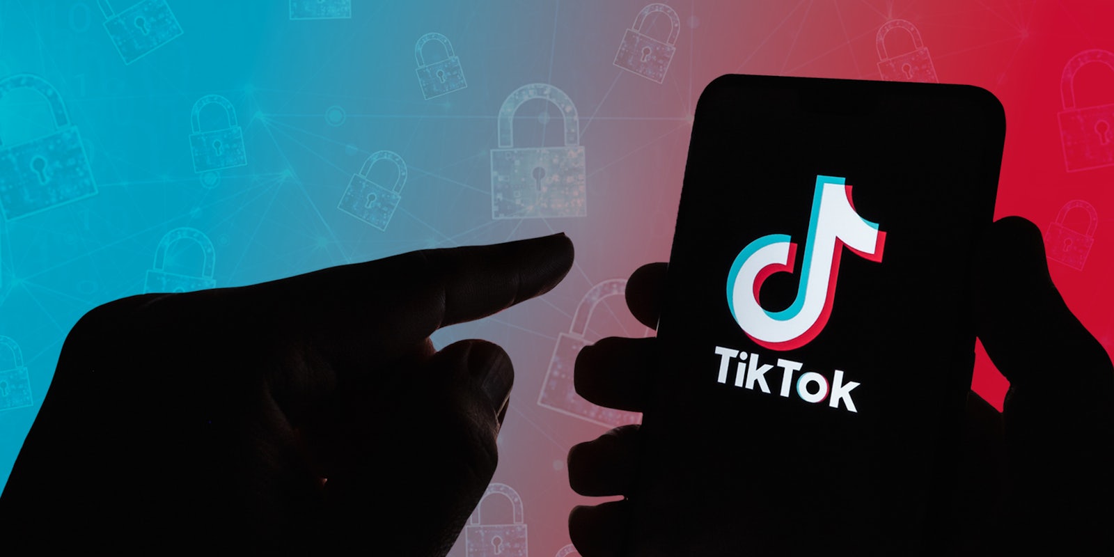 hands with TikTok on phone silhouette in front of blue to red diagonal gradient lock data pattern background