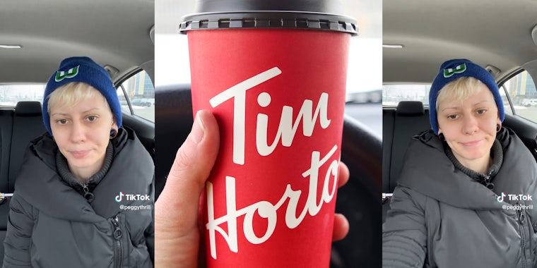 young woman in car with Tim Horton's cup