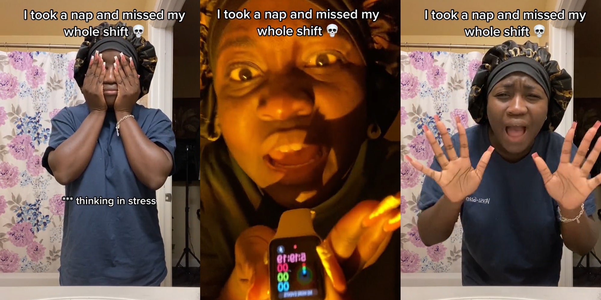 worker holding face in hands in bathroom with caption 'I took a nap and missed my whole shift' '***thinking in stress' (l) worker speaking holding watch with caption 'I took a nap and missed my whole shift' (c) worker speaking in bathroom with caption 'I took a nap and missed my whole shift' (r)