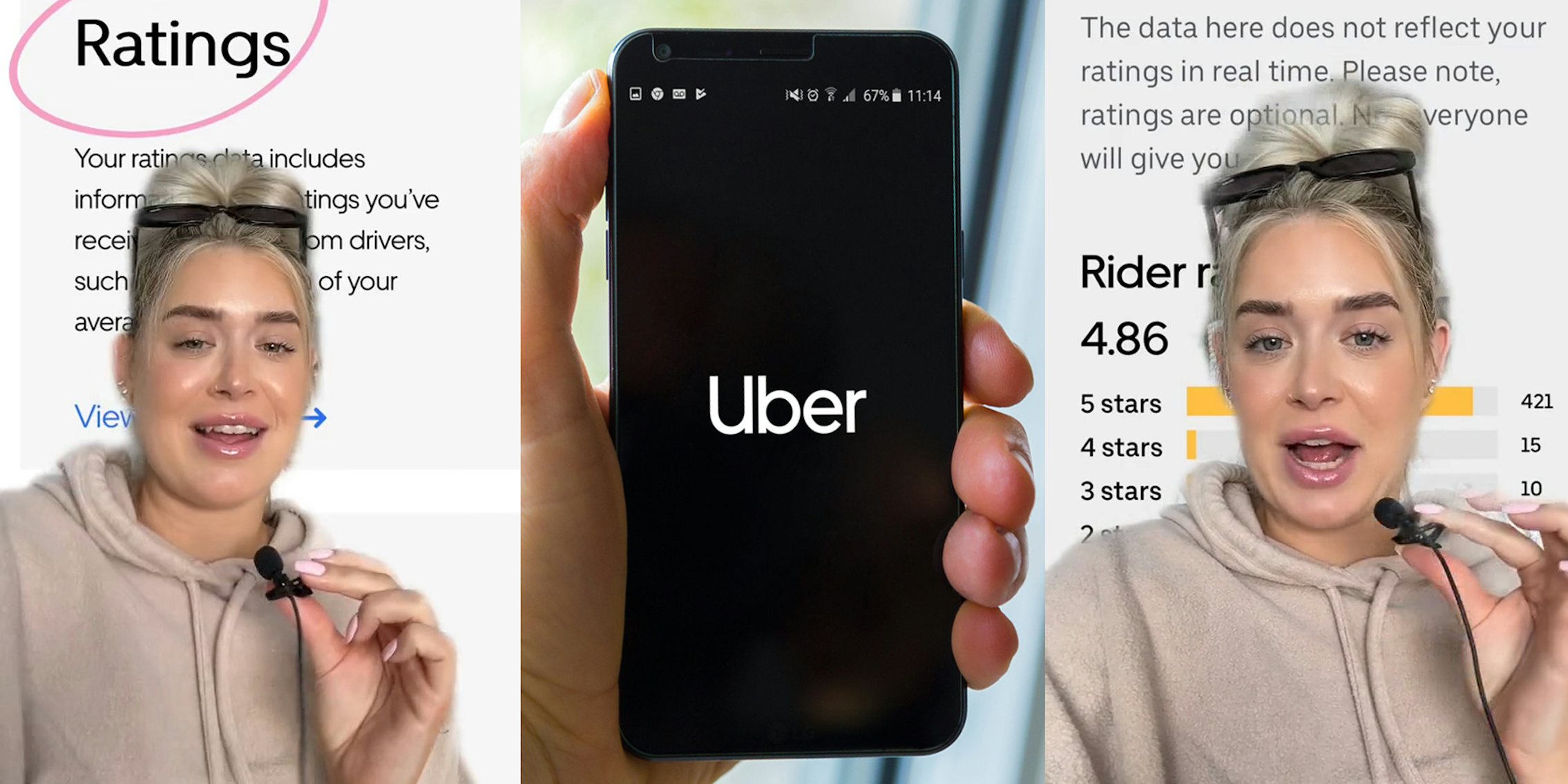 woman greenscreen TikTok over image of Uber ratings (l) Uber on phone in hand (c) woman greenscreen TikTok over image of Uber rider ratings
