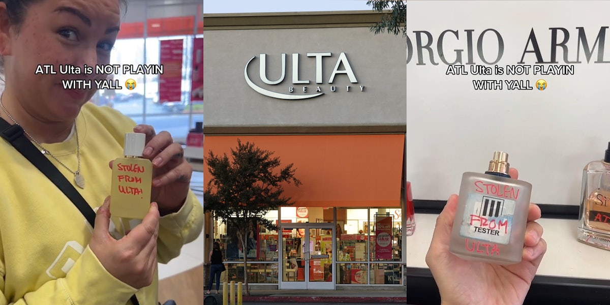 Ulta customer holding perfume tester bottle with 'STOLEN FROM ULTA!' written in marker on it with caption 'ATL Ulta is NOT PLAYING WITH YALL' (l) Ulta building with sign (c) Ulta customer holding perfume tester bottle with 'STOLEN FROM ULTA!' written in marker on it with caption 'ATL Ulta is NOT PLAYING WITH YALL' (r)