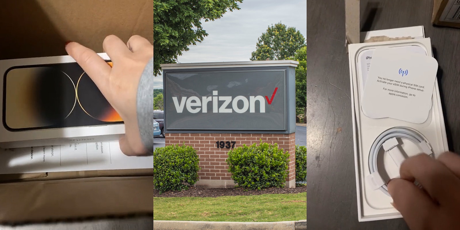 hand on iPhone box in larger box (l) Verizon sign outside (c) iPhone box empty with only charger and papers (r)