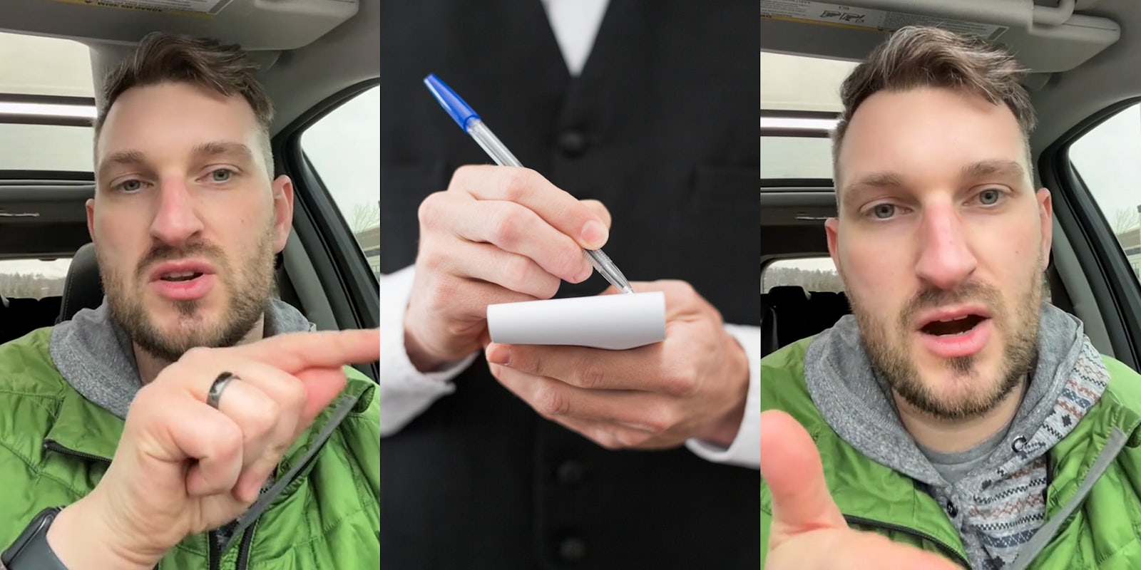 man speaking in car pointing finger right (l) waiter taking order (c) man speaking in car (r)