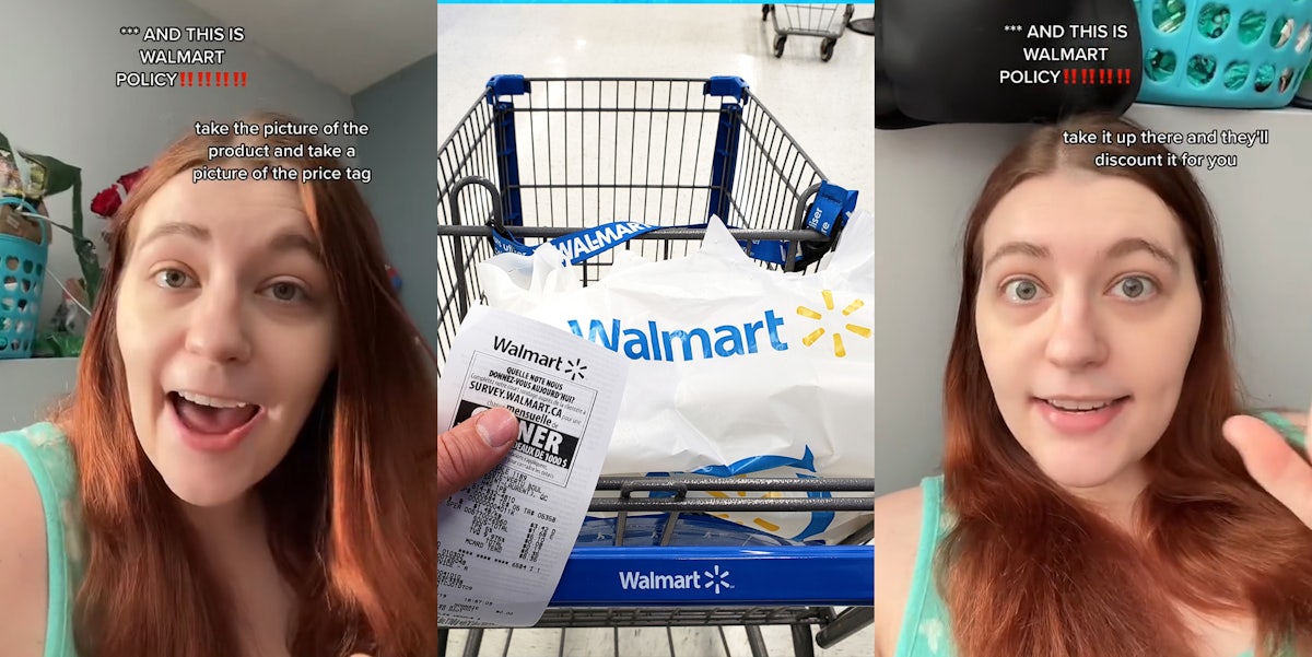 former Walmart employee speaking with caption 'AND THIS IS WALMART POLICY' 'take the picture of the product and take a picture of the price tag' (l) Walmart customer holding receipt with bag and cart (c) former Walmart employee speaking with caption 'AND THIS IS WALMART POLICY' 'take it up there and they'll discount it for you' (r)