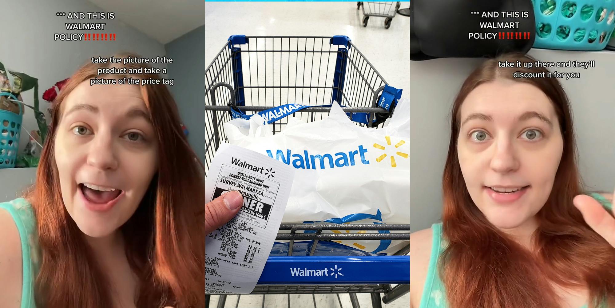 former Walmart employee speaking with caption "AND THIS IS WALMART POLICY" "take the picture of the product and take a picture of the price tag" (l) Walmart customer holding receipt with bag and cart (c) former Walmart employee speaking with caption "AND THIS IS WALMART POLICY" "take it up there and they'll discount it for you" (r)