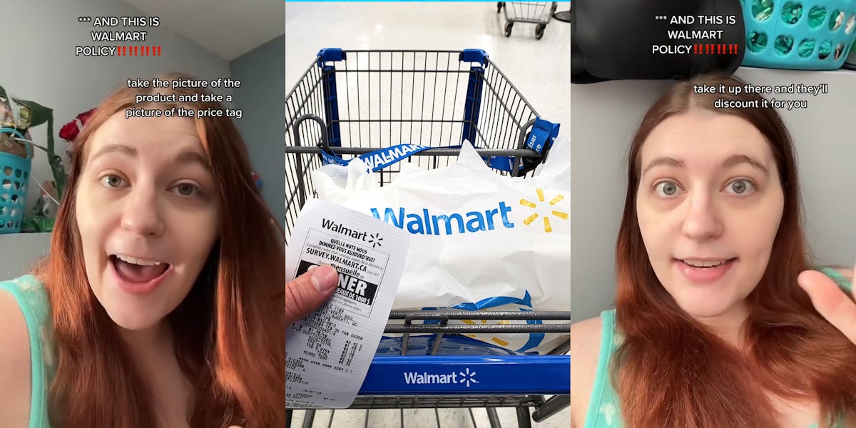 former Walmart employee speaking with caption 'AND THIS IS WALMART POLICY' 'take the picture of the product and take a picture of the price tag' (l) Walmart customer holding receipt with bag and cart (c) former Walmart employee speaking with caption 'AND THIS IS WALMART POLICY' 'take it up there and they'll discount it for you' (r)