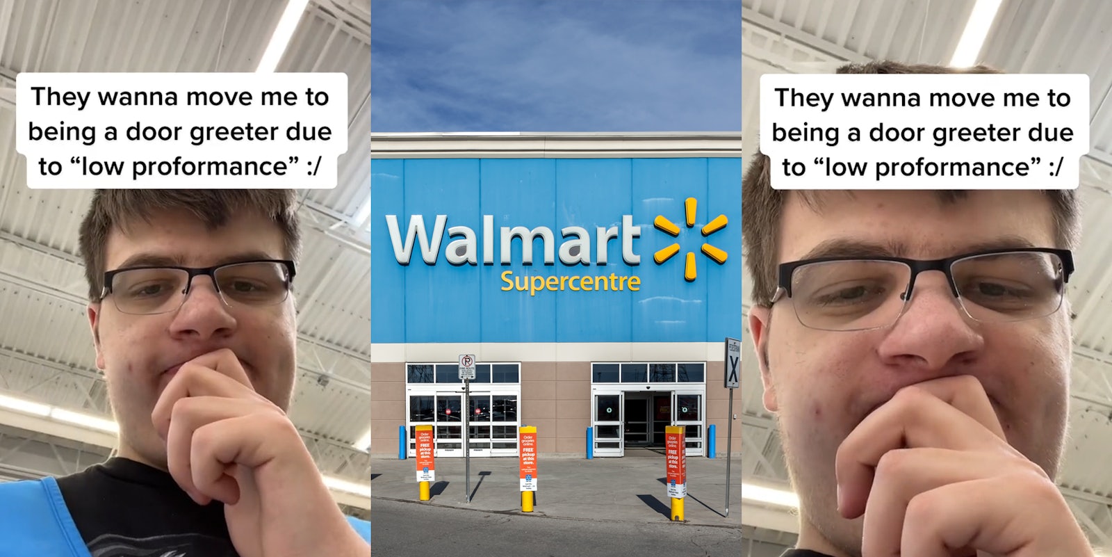 Walmart employee with caption 'They wanna move me to being a door greeter due to 'low performance' :/' (l) Walmart building with sign and storm clouds (c) Walmart employee with caption 'They wanna move me to being a door greeter due to 'low performance' :/' (r)