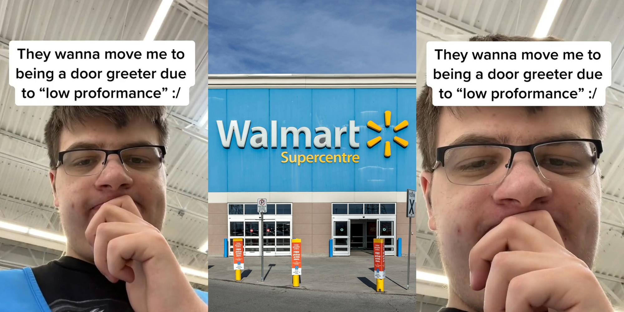 Walmart employee with caption "They wanna move me to being a door greeter due to "low performance" :/" (l) Walmart building with sign and storm clouds (c) Walmart employee with caption "They wanna move me to being a door greeter due to "low performance" :/" (r)