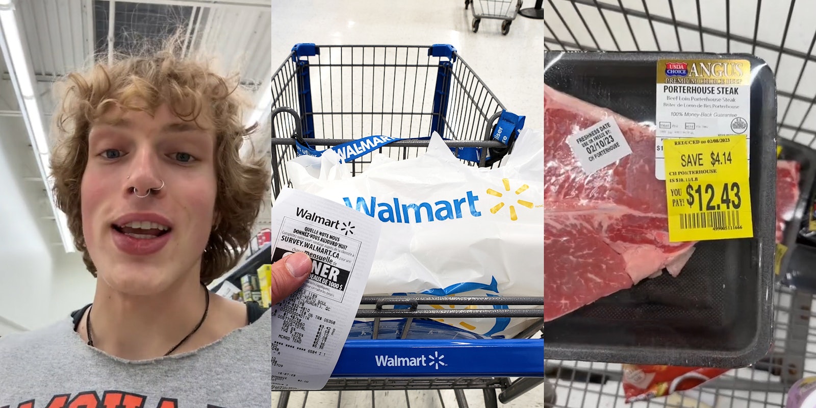 man at Walmart speaking (l) man holding receipt in front of Walmart shopping cart with bag (c) Walmart meat on sale held up over cart with more meat inside (r)