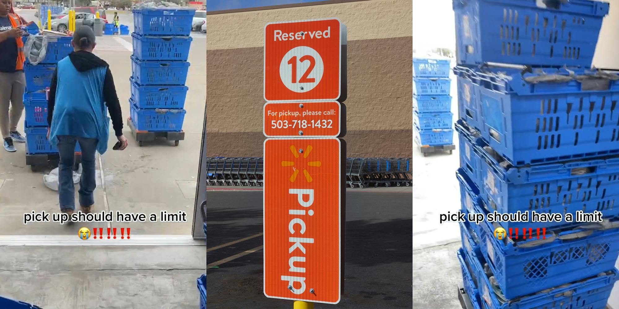 Walmart employees with blue pickup bins and caption "pick up should have a limit" (l) Walmart reserved parking for Pickup orders sign (c) Walmart blue pickup bins and caption "pick up should have a limit" (r)