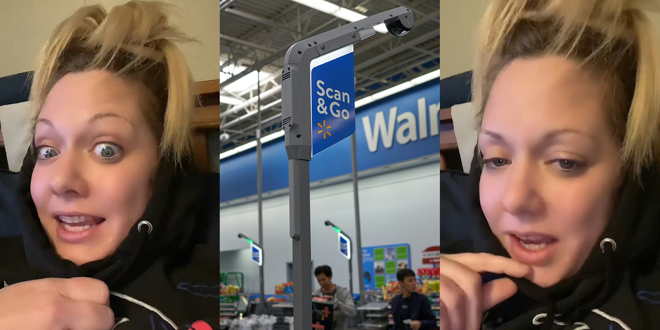 woman speaking in bed (l) Walmart self checkout Scan & Go sign (c) woman speaking in bed (r)