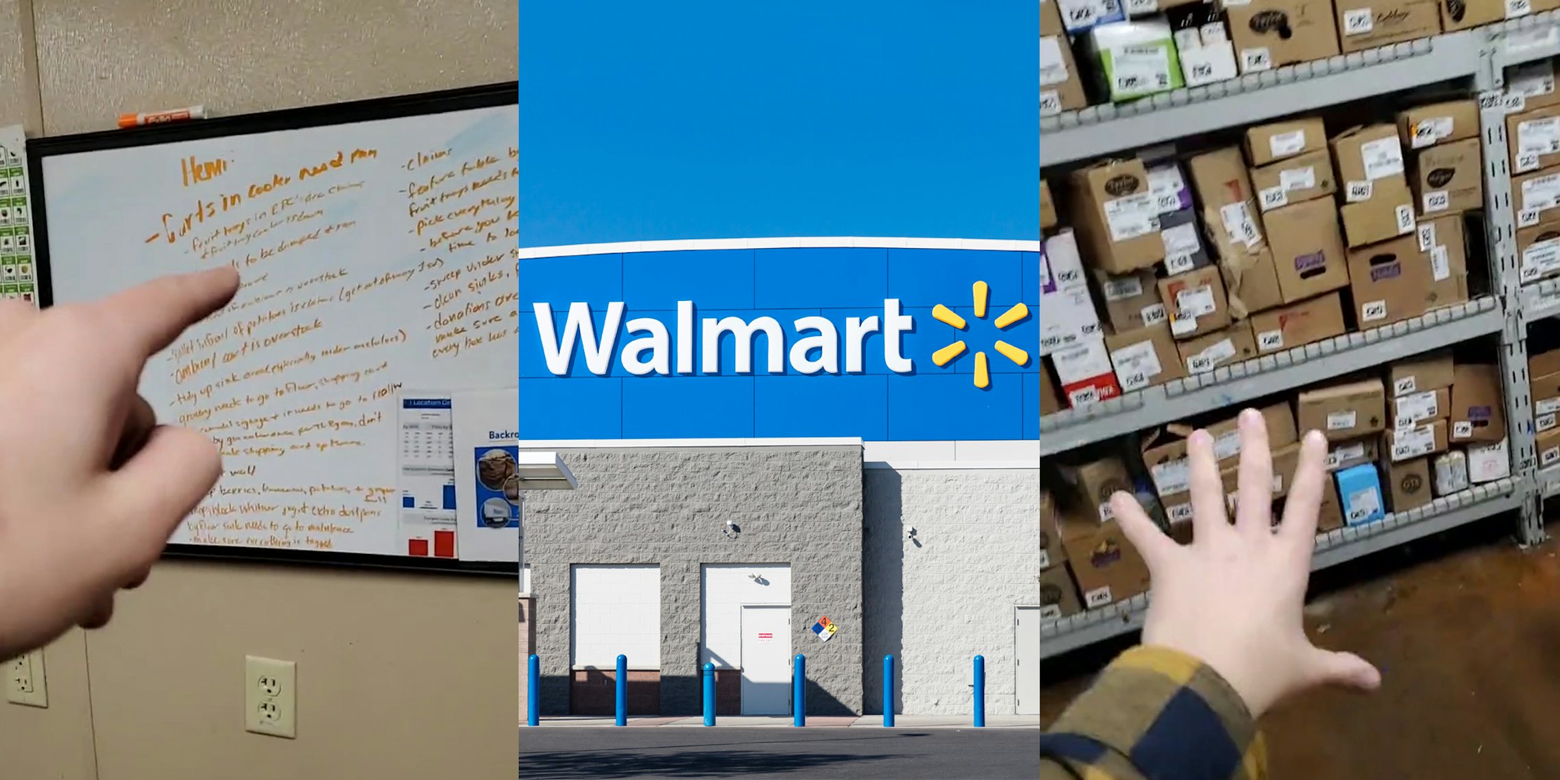 Walmart employee pointing to whiteboard of tasks for them to do (l) Walmart building with sign and blue sky (c) Walmart worker with hand out towards boxes on shelf (r)