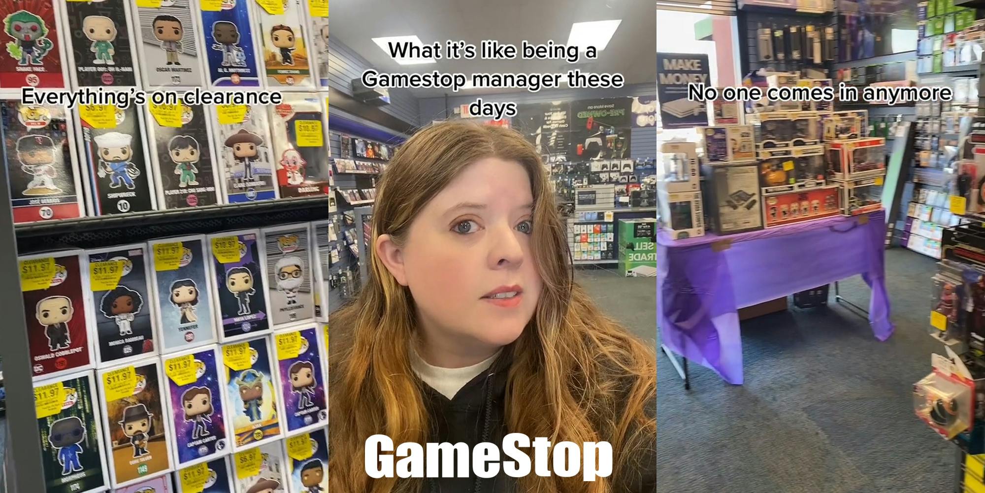 Game Stop Funko Pop shelf with caption "Everything's on clearance" (l) Game Stop employee speaking with caption "What it's like being a GameStop manager these days" with Game Stop logo at bottom (c) Game Stop displays with caption "No one comes in anymore" (r)