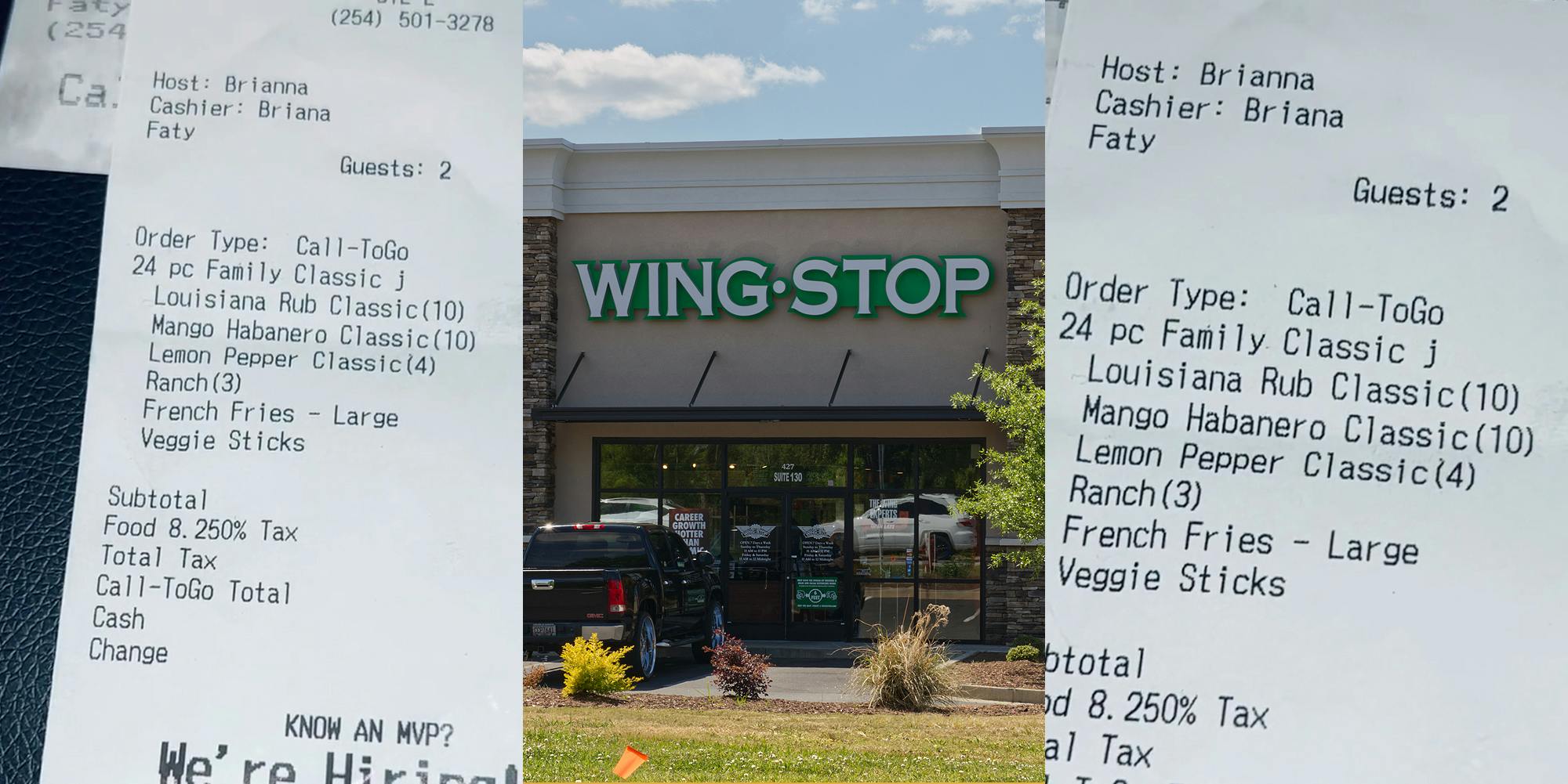 Wingstop receipt with name written as "Faty" (l) Wingstop sign on building (c) Wingstop receipt with name written as "Faty" (r)