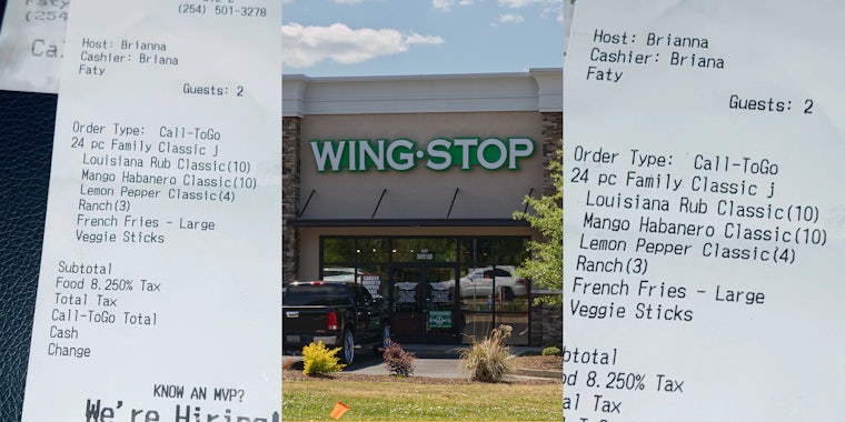 Wingstop receipt with name written as 'Faty' (l) Wingstop sign on building (c) Wingstop receipt with name written as 'Faty' (r)