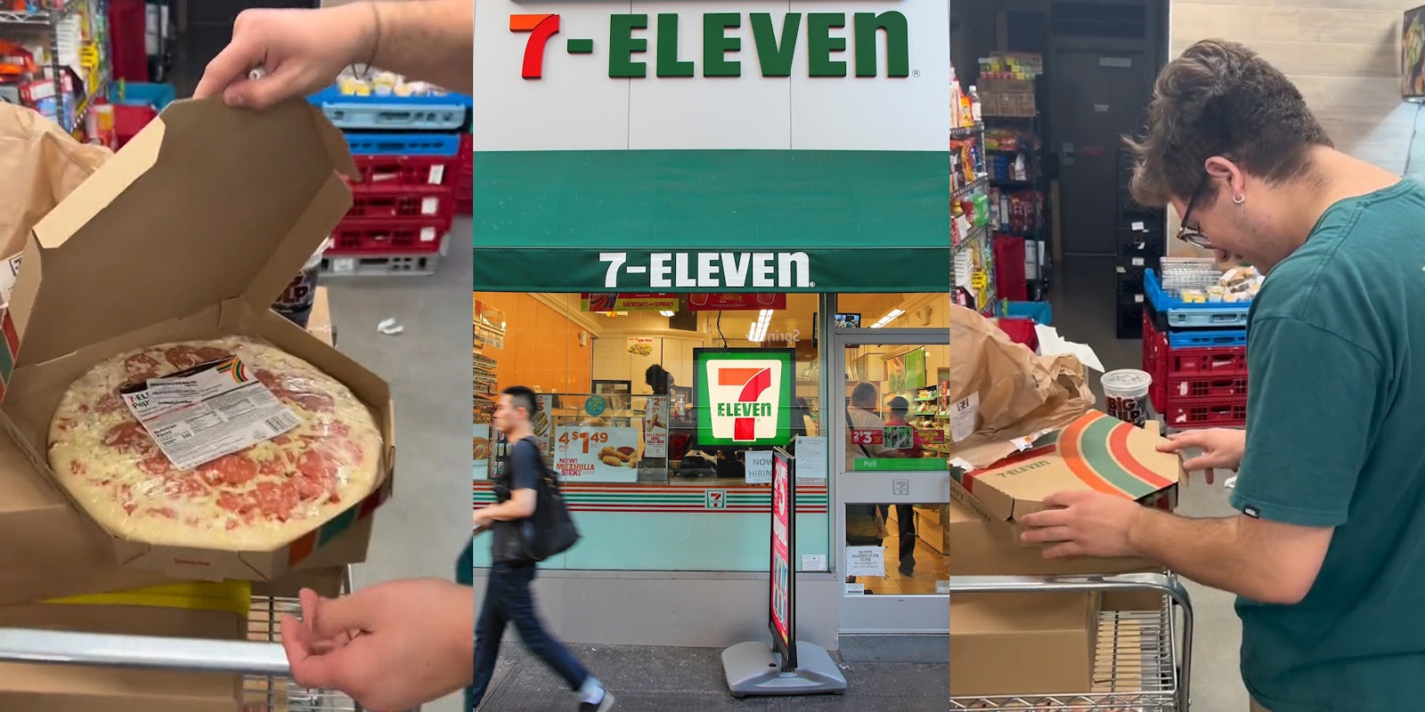 worker putting 7-11 frozen pizza in box (l) 7-11 building with signs (c) worker closing 7-11 pizza box (r)