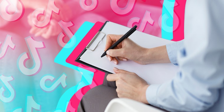 Marriage counselor taking notes with TikTok logo background over pink to blue gradient Passionfruit Remix
