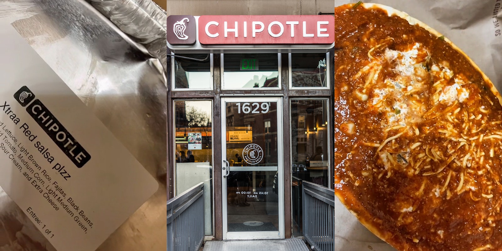 Chipotle food in container with sticker reading 'Xtra Red salsa plzz' (l) Chipotle sign over doorway (c) Chipotle bowl drenched with red salsa (r)