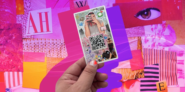 hand holding paper with qr code in front of pink purple and yellow collage Passionfruit Remix