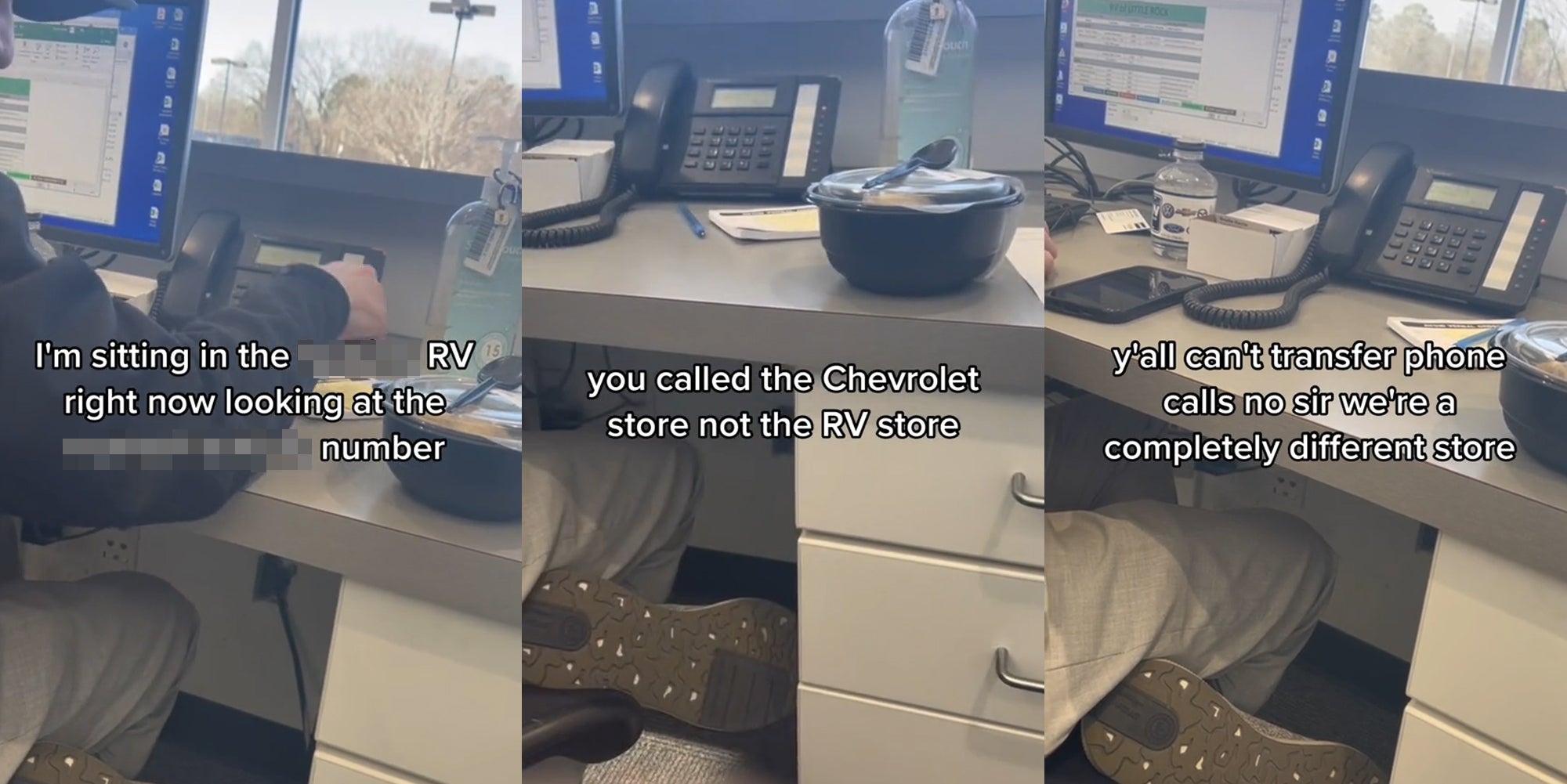 dealership employee at desk listening to phone call with caption 'I'm sitting in the blank RV right now looking at the blank number' (l) dealership employee at desk listening to phone call with caption 'you called the Chevrolet store not the RV store' (c) dealership employee at desk listening to phone call with caption 'y'all can't transfer phone calls no sir we're a completely different store' (r)