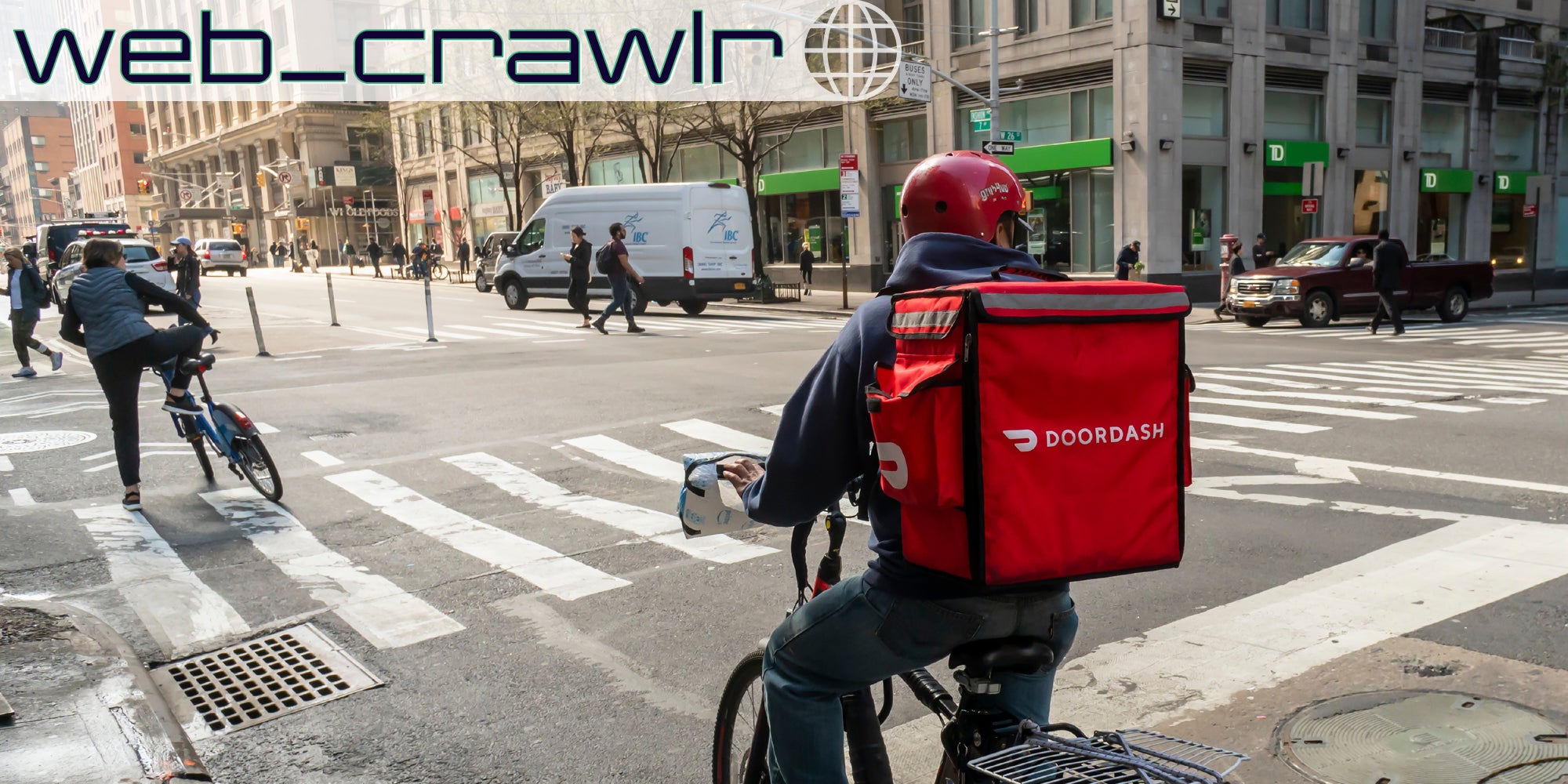 A DoorDash worker on a bike. The Daily Dot newsletter web_crawlr logo is in the top left corner.