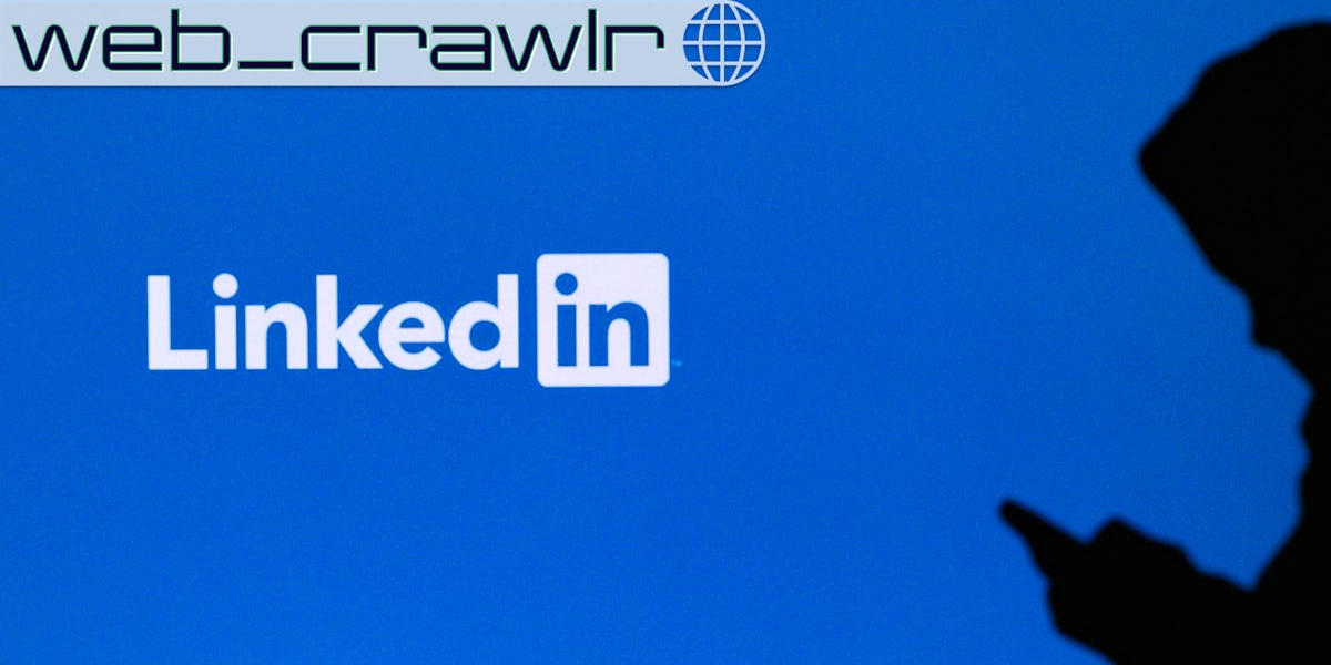 The LinkedIn logo next to a silhouette of a person looking at a phone. The Daily Dot newsletter web_crawlr logo is in the top left corner.