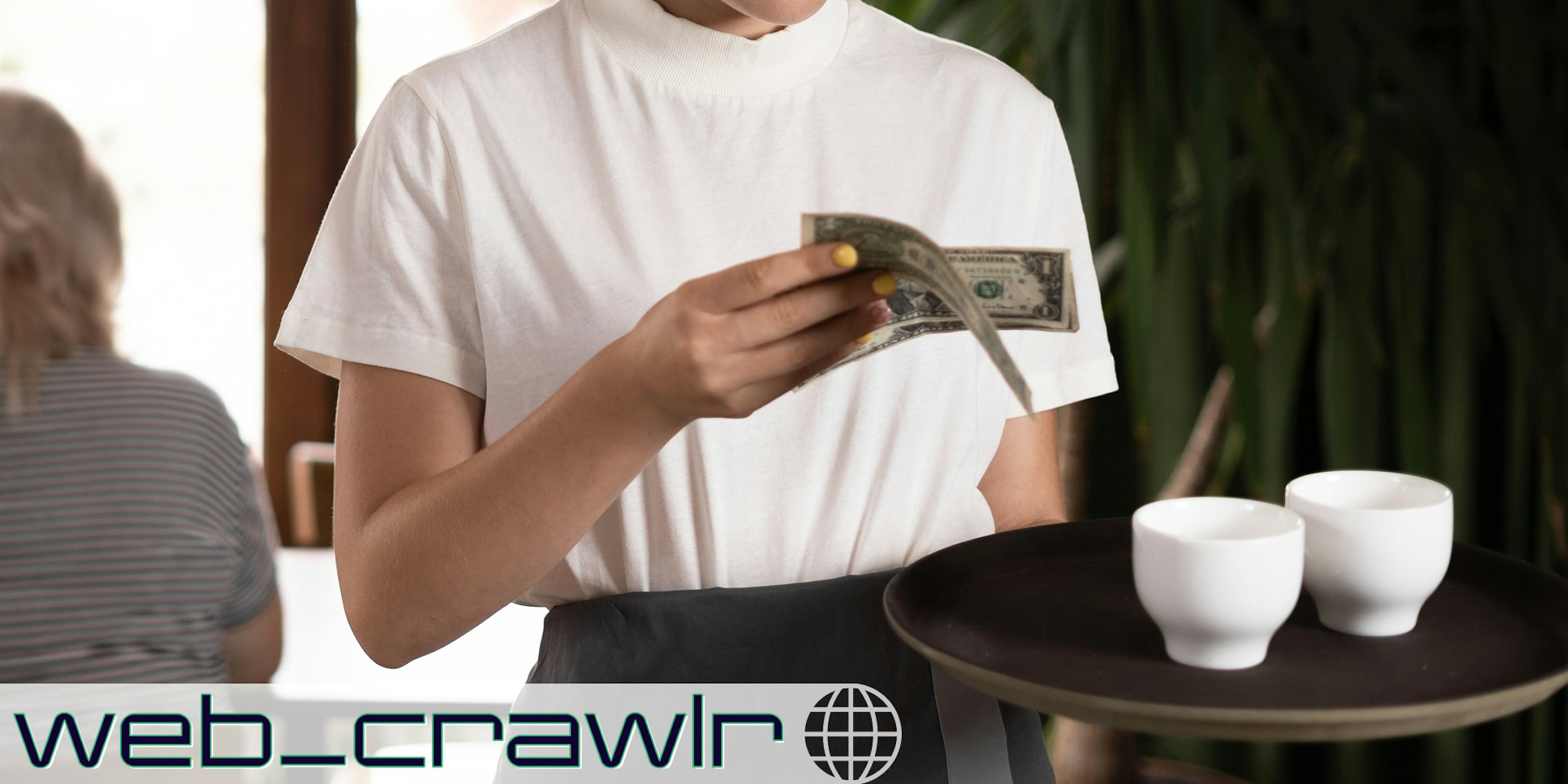 A server looking at money while holding a platter with two coffee cups. The Daily Dot newsletter web_crawlr logo is in the bottom left corner.