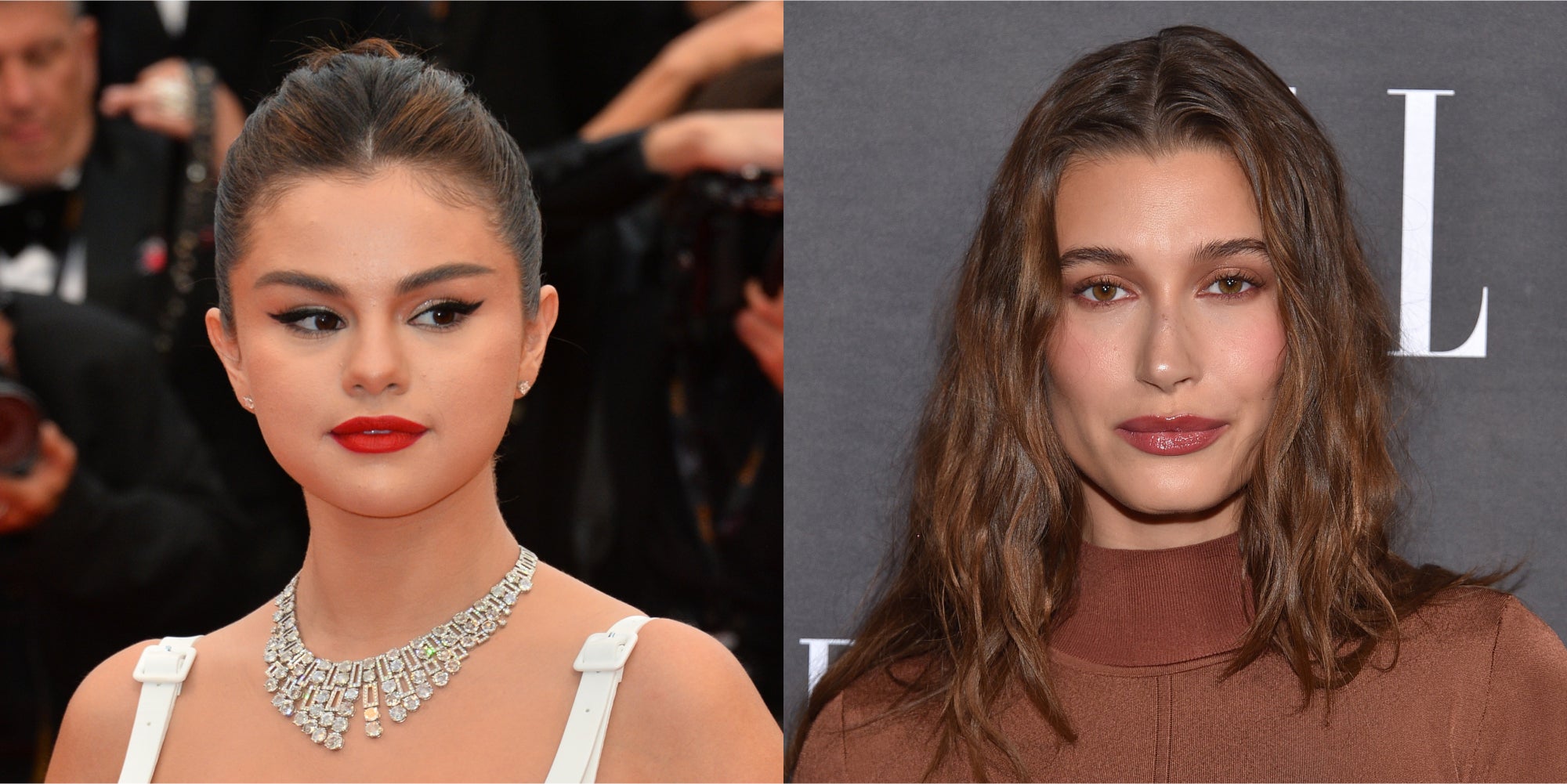 Selena Gomez in front of blurred dark background (l) Hailey Bieber in front of grey background (r)