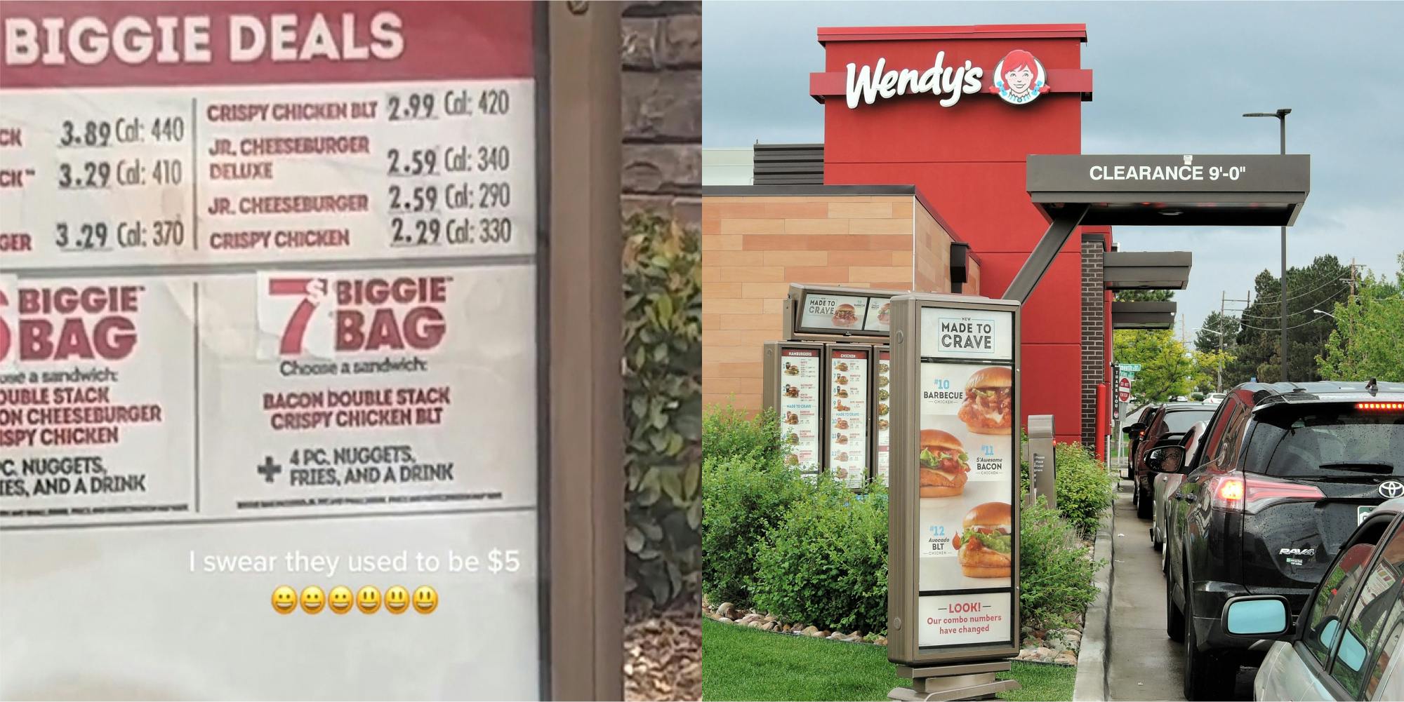 Wendy's drive thru menu with $7 Biggie Bag on sign with caption "I swear they used to be $5" (l) Wendy's drive thru with sign (c)