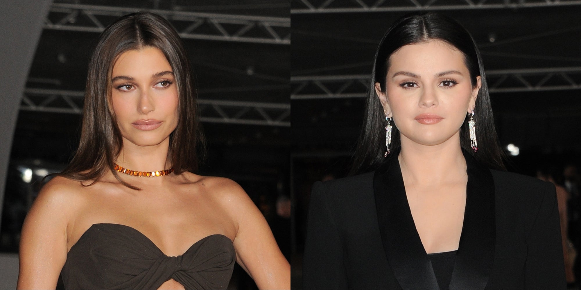 Hailey Bieber in front of dark background (l) Selena Gomez in front of dark background (r)