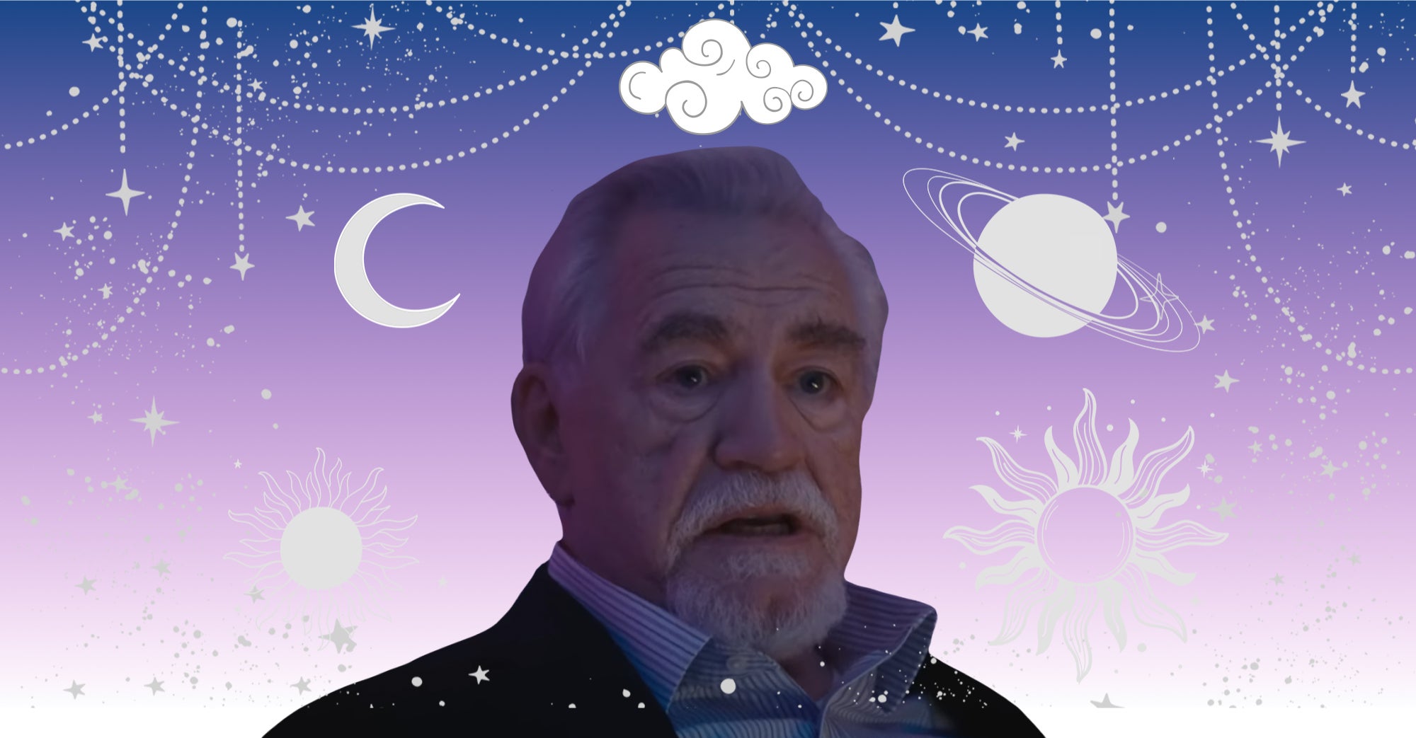 Logan Roy Succession in front of blue to purple to white gradient background