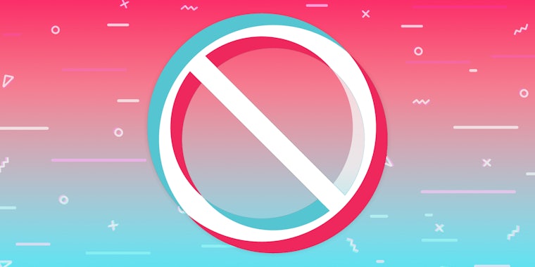 TikTok gradient red to blue background with TikTok colored circle crossed out
