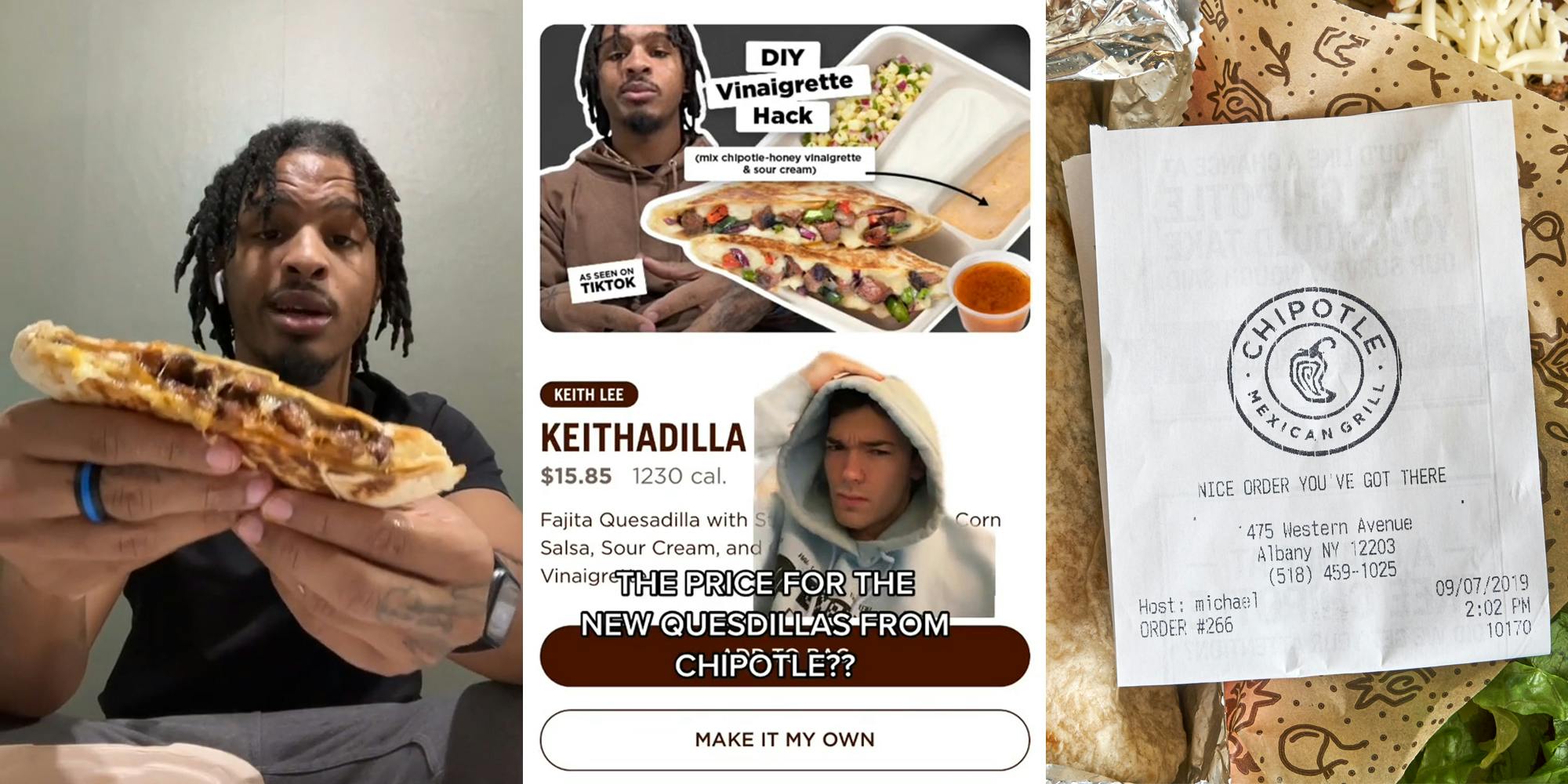 Keith Lee holding up Keithadilla (l) person greenscreen TikTok over Chipotle's Keithadilla ad with caption "THE PRICE FOR THE NEW QUESADILLAS FROM CHIPOTLE??" (c) Chipotle receipt on food (r)