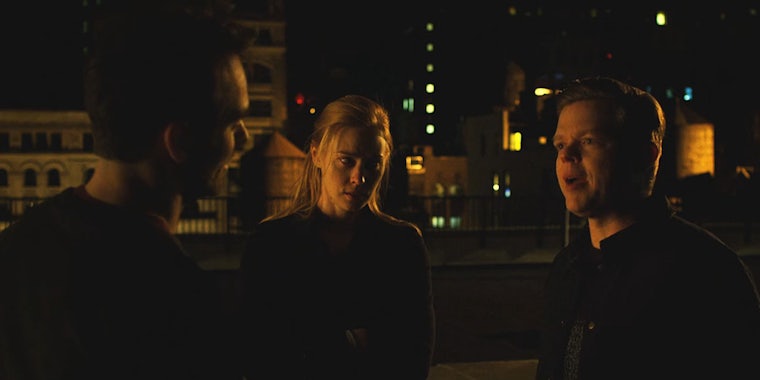 Matt Karen and Foggy speaking outside at night scene Daredevil