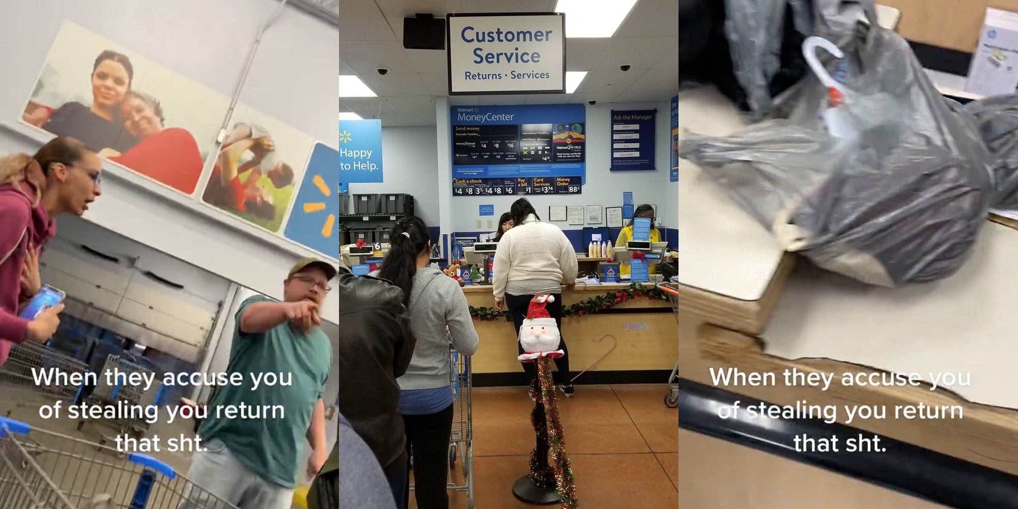 people pointing to customer in Walmart with caption "When they accuse you of stealing you return that sht." (l) Walmart customer service counter with customers in line (c) Walmart bags on counter in Walmart with caption "When they accuse you of stealing you return that sht." (r)