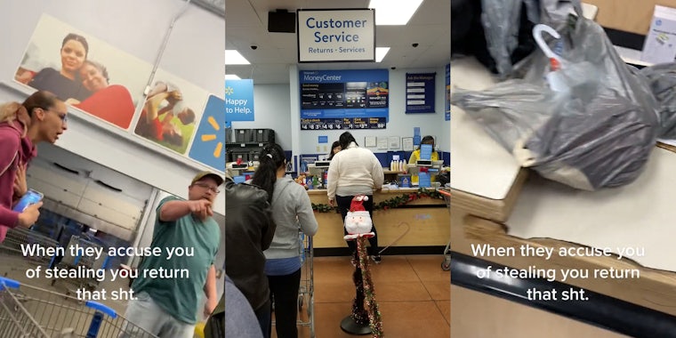people pointing to customer in Walmart with caption 'When they accuse you of stealing you return that sht.' (l) Walmart customer service counter with customers in line (c) Walmart bags on counter in Walmart with caption 'When they accuse you of stealing you return that sht.' (r)