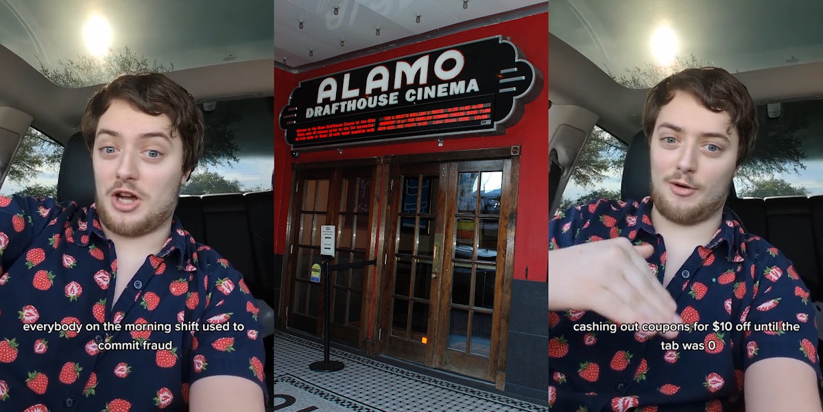 former Alamo Drafthouse employee speaking in car with caption 'everybody on the morning shift used to commit fraud' (l) Alamo Drafthouse Cinema sign above doors (c) former Alamo Drafthouse employee speaking in car with caption 'cashing out coupons for $10 off until the tab was 0' (r)