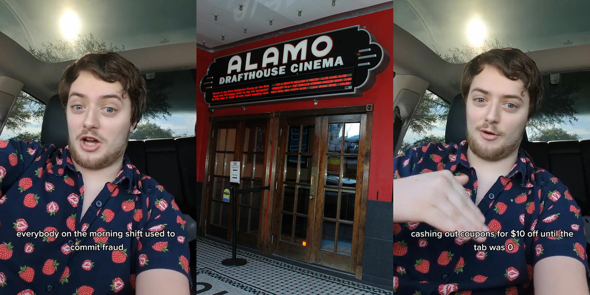 former Alamo Drafthouse employee speaking in car with caption "everybody on the morning shift used to commit fraud" (l) Alamo Drafthouse Cinema sign above doors (c) former Alamo Drafthouse employee speaking in car with caption "cashing out coupons for $10 off until the tab was 0" (r)