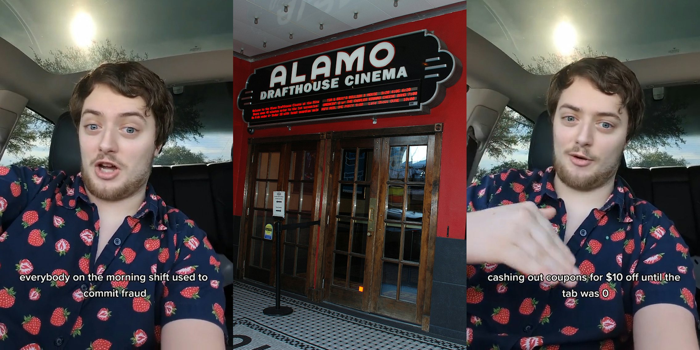 former Alamo Drafthouse employee speaking in car with caption 'everybody on the morning shift used to commit fraud' (l) Alamo Drafthouse Cinema sign above doors (c) former Alamo Drafthouse employee speaking in car with caption 'cashing out coupons for $10 off until the tab was 0' (r)