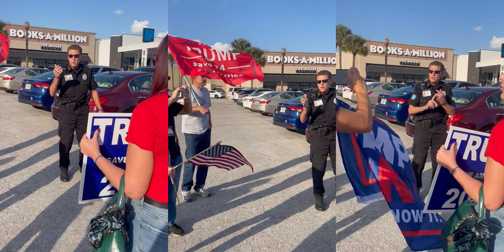 Policeman speaking to Trump supporters outside (l) Policeman speaking to Trump supporters outside (c) Policeman speaking to Trump supporters outside (r)