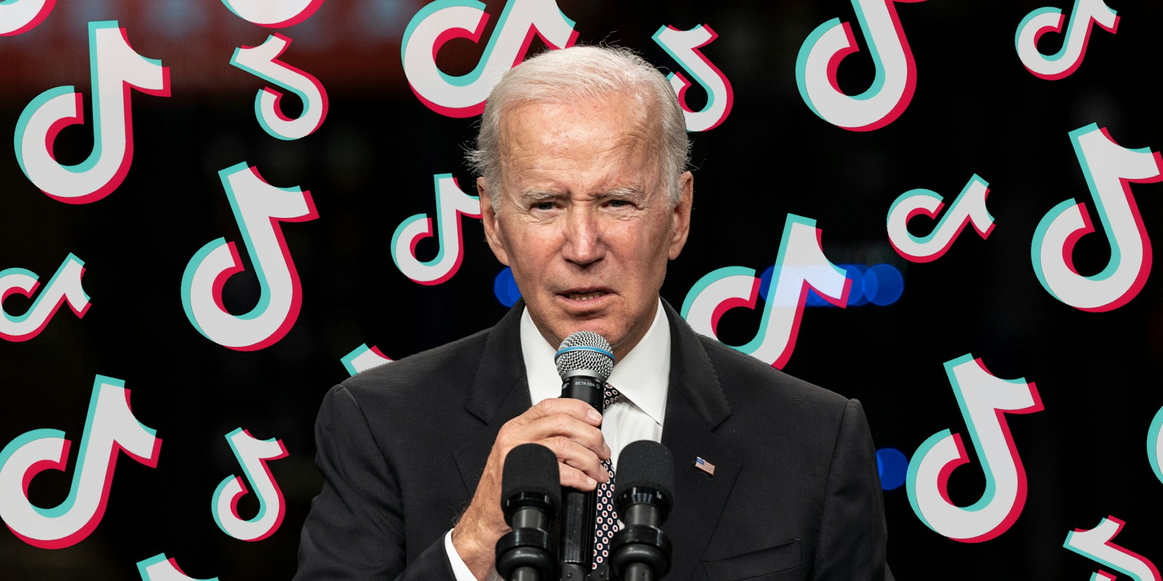 Joe Biden speaking into microphone in front of TikTok logo background