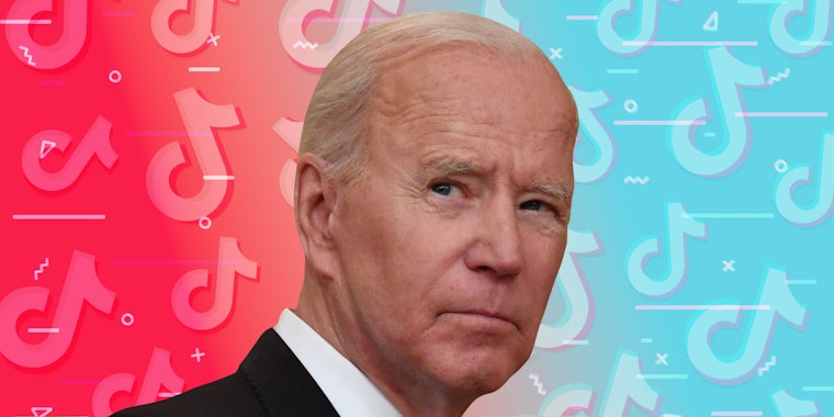 Joe Biden in front of red to blue TikTok gradient background